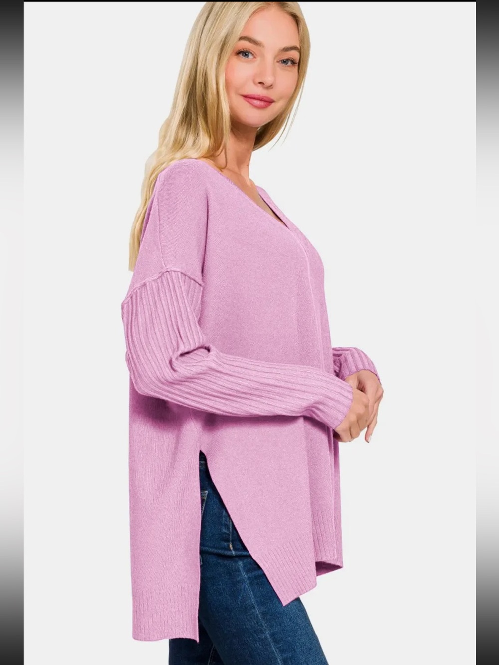 Zenana Women’s Oversized V-Neck Sweater - Pink/purple - Picture 2 of 4